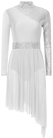 Mufeng Damen Ballettkleid Glänzend Pailletten Eiskunstlauf Kleid Langarm Rollschuhkleid mit Asymmetrisch Rock Lyrisch Tanzkleid