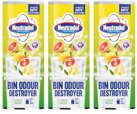 Neutradol Dustbin Odour Destroyer, Bin Freshener Deodorising Powder, Odour Eliminator for Indoor & Outdoor Bins, Citrus Fresh Multipack of 3 x 350g