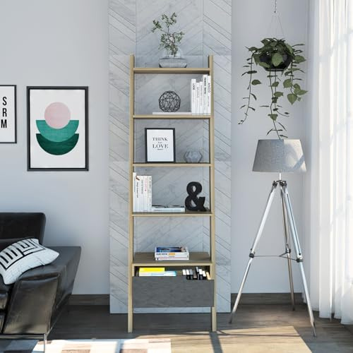 Ladder Bookcase with Drawer and Metal Legs in Bleached Pine and Grey Stone Finish