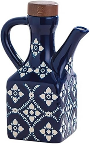 GYJZZW Ceramic Olive Oil Dispenser Bottle 8.5 oz, Decanter for Kitchen with Handle & Wooden Stopper, Vinegar Dispenser Set, Cooking Oil Container Cruet for Olive, Avocado, Vinegar, Jar (Blue)