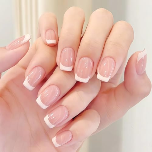 Molirex 48 Stück Press On Nails Kurz Square Nägel zum Aufkleben, Eckig French Fake Nails Fingernägel zum Aufkleben, Strass Blumen Rosa Weiß Gradient Künstliche Nägel Zehennägel für Frauen und Mädchen