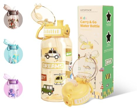 UZSPACE Trinkflasche Kinder 600ml mit 2 Verschiedene Deckeln, Auslaufsicher, Einhandbedienung, BPA-frei Tritan Trinkflasche mit Strohhalm Kinder für Jungen Mädchen Schule Kindergarten, Gelb
