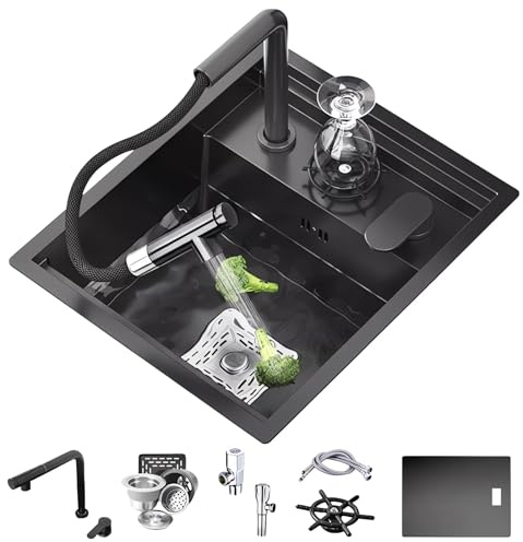 Coubird Évier de cuisine noir invisible, convient pour bar de camping-car avec robinet pliable intégré, petit bol simple en acier inoxydable (noir/B, 45 x 50 cm)