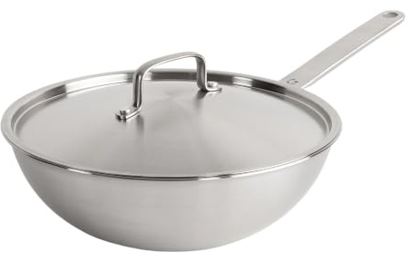 Gastrotools Wok padella 26 cm con coperchio – acciaio inox 5-ply, senza rivestimento, senza PFAS, wok profondo con bordo alto, compatibile con induzione, gas e piani in vetroceramica.