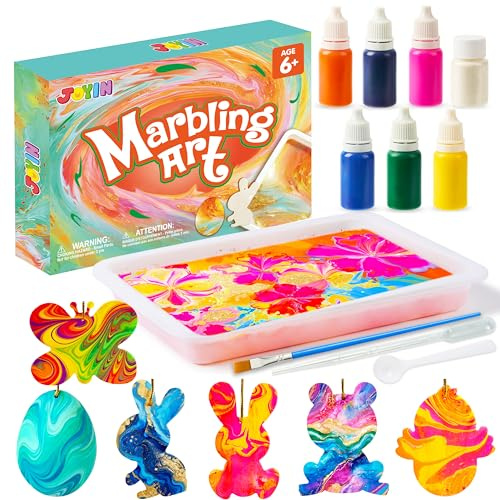 JOYIN Ensemble de peinture à marbrer avec parties en bois suspendues, projet DIY de peinture à l'eau marbrée pour Pâques pour les enfants, ensemble d'art et de bricolage, ensemble de décoration pour
