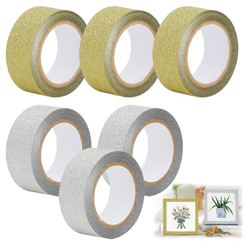 6 Rollen Glitzer Klebeband Gold Silber, 15 mm x 5 m, Deko Bastelband | 6 Rollen Glitzerband in Gold und Silber mit insgesamt 30 m Länge für glänzende Akzente bei kreativen Bastel und Dekoprojekten