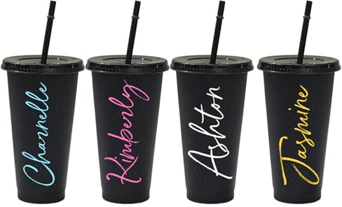 1-100 Pack Personalised Cold Cups with Lid and Straw, 24oz, Custom Name & Text Iced Coffee Travel Tumbler for Beach, Pool Gatherings Birthday Gift Hen Party Favours, Reusable Plastic Mug (Black)