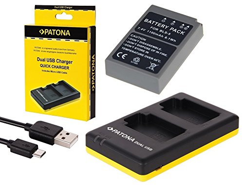 2in1-SET für die Olympus Pen E-PL8 / PL8 - Premium Akku für Olympus BLS-5 / BLS-50 (Starke 1100mAh) + Dual Ladegerät (Laden Sie 2 Akkus via USB-Anschluss auf einmal)