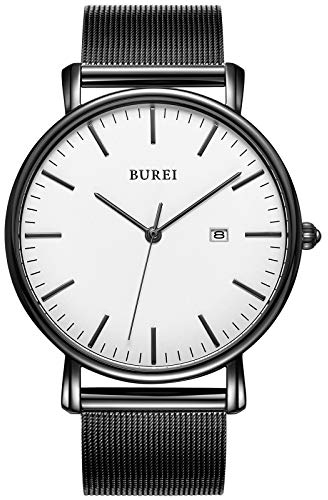 BUREI Ultra Dünne Uhren Herren Schwarze Analoges Datum Armbanduhr Herren mit Japanisches Quarzwerk, Geschenke für Männer