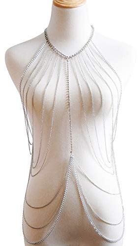 Amorar Damen Sexy Körperkette Gold Körper Kette Kettenschmuck BH Kette Multicouche Collier de diamants Bikini Partykette mehrschichtig Lange Brustkette Strand Körper Bauch Schmuck