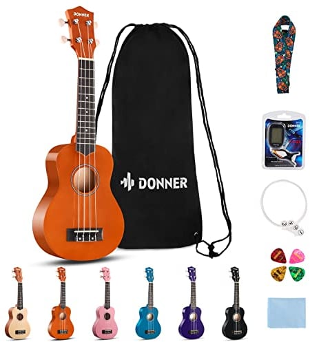 Donner Ukulele für Anfänger Sopran Ukulele Kit 21 Zoll Mahagoni mit Nylon Saiten Hawaii Gitarre