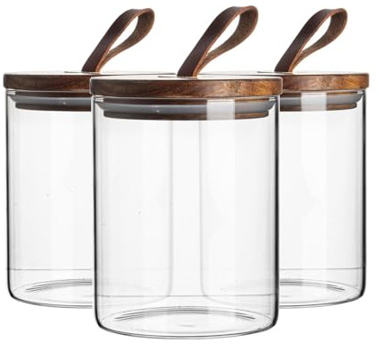 Argon Tableware Scandi Storage Jars with Leather Loop Lids - 750ml - 6 Pack - Modern Round Organisation Container Glass Jar for Kitchens, Pantry, Bathrooms, Utility Rooms
