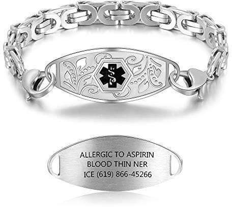 Braccialetto Personalizzato Allerta Medico Incisione Identificativi Braccialetti Uomo in Silicone Emergenza Braccialetto per Marito Figlio Amico Papà (Incisione ID rosso) (argento)