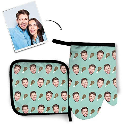 Personalisierte Ofenhandschuhe mit Foto Gesicht Hitzebeständig Topflappen Handschuh Topfhandschuhe Baumwolle lustige Grill Zubehör Kitchen Tools Griffschutz Geschenk für Familie Freundin grün