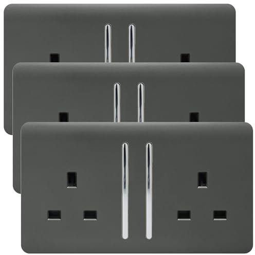 Trendi 2 Gang Artistic Modern Glossy 13 Amp Switched Plug Socket Charcoal (3 Pack)