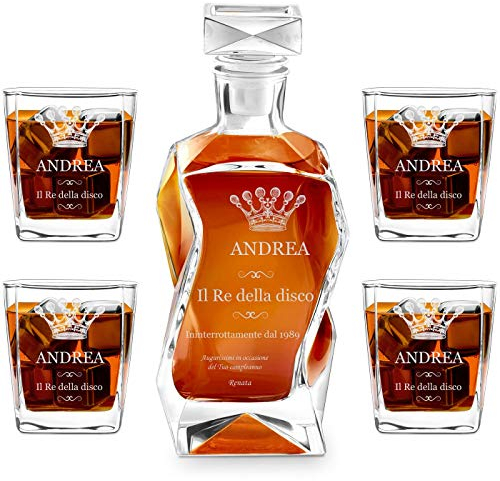 Maverton Set Decanter per Whisky in vetro - da 700 ml - incisione personalizzata - Caraffa con 4/6 bicchieri - idea regalo per il compleanno - per l’ uomo - Corona reale