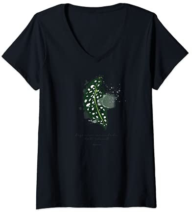 Damen NEU Forellen Begonie Polka Dot Pflanze Blatt Wasserfarben T-Shirt mit V-Ausschnitt