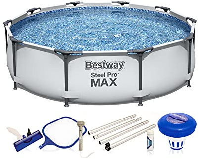 Bestway Schwimmbad Steel Pro MAX 56406 - FrameLink System - Pool - Einfacher Aufbau - 305 x 76 cm - Inkl. Reinigungsset, Grau