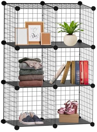 Knight 6 Cube Interlocking Storage Rack | Metal Wire Mesh Shelves | Metal Wire Fence| Combination Display Stand Unit | Large Capacity | Free Rubber Mallet | 62 x 31 x 93 cm | Black