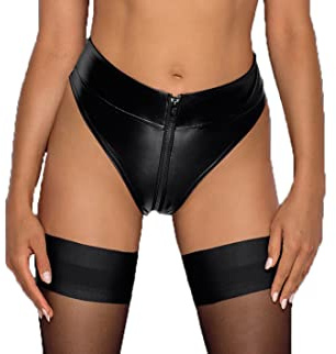 Noir Handmade Damen Dessous Wetlook Slip in schwarz mit 2-Wege-Reißverschluss zum öffnen Hogh Waist Pants