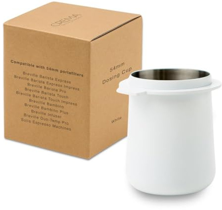 Crema Coffee Products | 54mm Dosing Cup | White | 100% Stainless Steel | Espresso Coffee Dosing Cup | Fits 54mm Breville Portafilters
