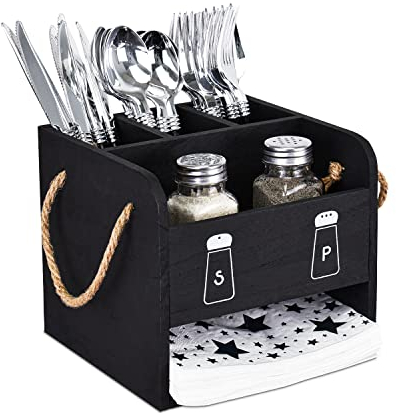 Ikee Design Wooden Utensil Caddy with Handles, Includes Salt Pepper Shaker,Silverware Caddy,Silverware Holder Organizer for Countertop,Party,Camping and Kitchen,Picnic Cutlery Holders,Black Color