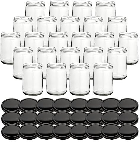 gouveo 24er Set Einmachgläser 580 ml Klassik mit Schraubdeckel schwarz BS - Leere Vorratsgläser mit TO82 Deckel für Overnight Oats, Marmelade, Fruchtmus, Eintöpfe, Selbstgemachtes (EGKB580SZBS)