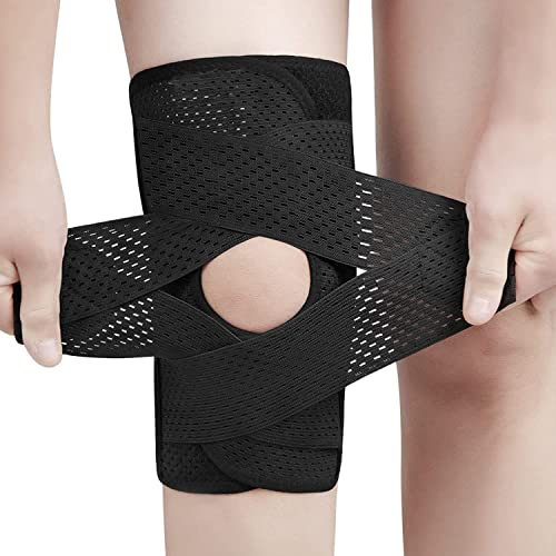 NELLHOMY Professionelle Kniebandage, mit Patella Gel Pads & Feder Seitenstabilisatoren verstellbare Kniebandage für Meniskus Riss Knieschmerzen Komprimierte Kniebandage (XL, Schwarz)