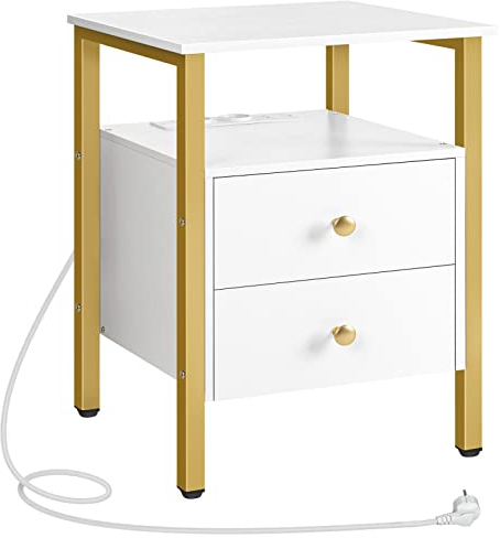 HOOBRO Nachttisch mit Ladestation, Beistelltisch, Sofatisch mit 2 Schubladen, Couchtisch mit USB-Anschlüssen für Wohnzimmer, Schlafzimmer, Modern, 40 x 40 x 61 cm, Weiß und Gold EDW43CBZ01G2