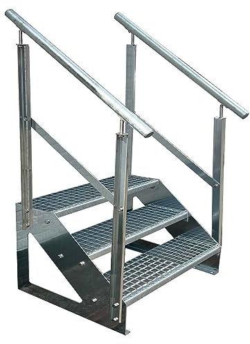 Kaminbau Mierzwa Premium Treppe Freistehend 3 Stufen beidseitigem Geländer (Breite 1000 mm) (Höhe 57cm) Wetterfest Gitterroststufe Gartentreppe