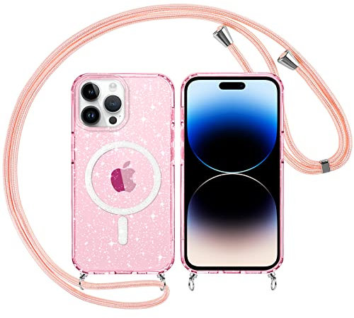 Yoedge Transparente Funda Glitter Magnética con Cuerda para iPhone 15 Pro Max 6,7,Brillante Carcasa Compatible con MagSafe con Círculo Magnético Rosa Correa Colgante Cover Case para iPhone 15 Pro Max