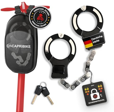 CAPRIBIKE E Scooter Schloss inkl. Tasche – Robustes Schloss für E Scooter als Handschellenschloss – Hochsicheres E Roller Schloss mit 3 Schlüsseln – Maximal Sicheres Schloss für Scooter