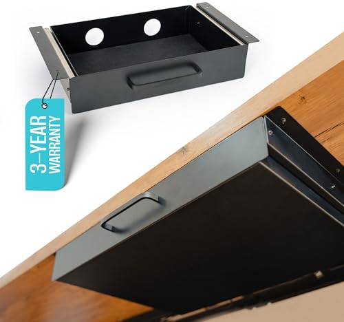 Under Desk Drawer Slide Out Attachment - Carbon Steel Undermount Table Drawer with Cable Management, Pull Out Add-On Storage for Office & Standing Desks (13 x 8 x 2.8)
