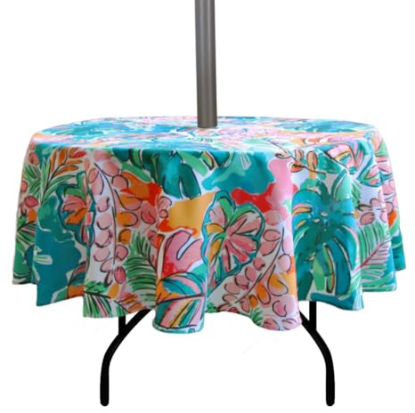 EHouseHome 60 inch Round Tablecloth with Umbrella Hole, Waterproof Zippered Patio Table Cloth, Tropical Leaf Pattern, Perfect for BBQs, Parties, Indoor and Outdoor Use