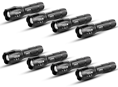 JARDLITE Lot de 8 lampes de poche LED d'urgence standard à mise au point réglable, résistante à l'eau avec 5 modes, meilleure lampe torche tactique pour ouragan, camping, promenade de chien