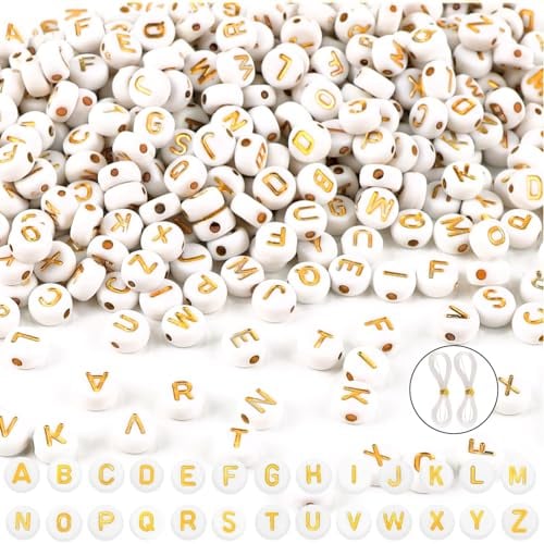 JOISHOP 1000Pcs Gold Acrylic Letter Beads for Bracelet Making, 7mm Flat Round Alphabet Beads for Crafting Gifts DIY Necklace Jewelry Making
