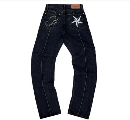 ORANDESIGNE Jeans Y2K Homme Taille Basse Printed Pants Pantalon Unisexe Pantalon Cargo Décontracté Imprimé Hippie Streetwear O Noir XL