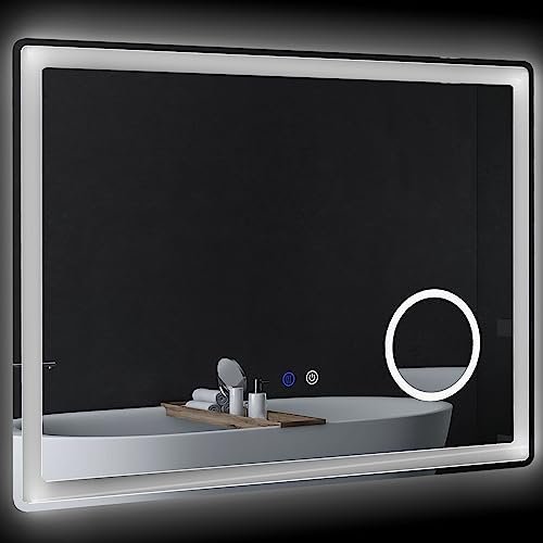 kleankin Miroir Salle de Bain avec éclairage, Miroir LED Salle de Bain, 80 x 60 cm, Fonction Anti-buée, Miroir grossissant x3m, luminosité réglable, Fonction mémoire, Montage Vertical ou Horizontal