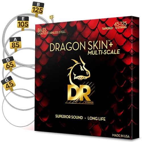 DR Strings Dragon Skin+ DBSM5-45 – E-Bass 45-125 5-Saiter Multiscale | K3 Beschichtung, Lange Haltbarkeit, Natuerlicher Klang, Korrosionsschutz, Made in USA