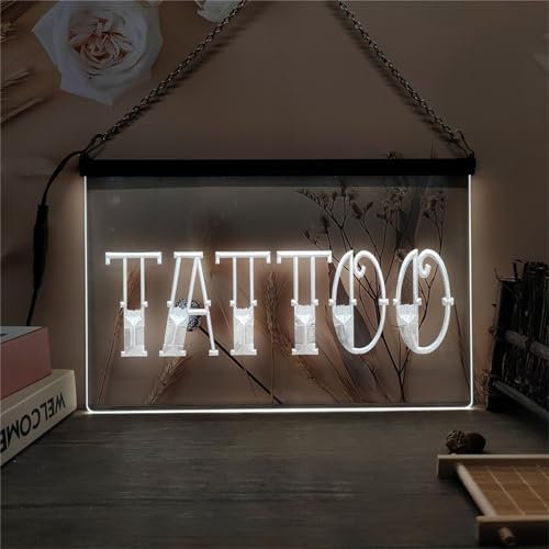 KEYQEEN Letrero de neón para Tienda de Tatuajes, Luces de neón LED RGB con atenuación por Control Remoto de 24 Teclas para decoración de Pared de Tienda de Piercings, Letrero USB, 30x20cm,Tattoo