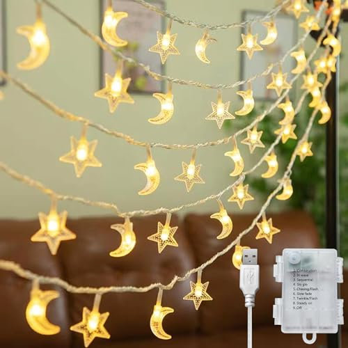 Jsdoin Star Moon Christmas Light 32 ft/10M 80LED Curtain Light, with 8-Mode Control Waterproof Battery Box/USB Cable 1.5M Power Supply, Wedding, Decoration Light，Ramadan Lights Decorations