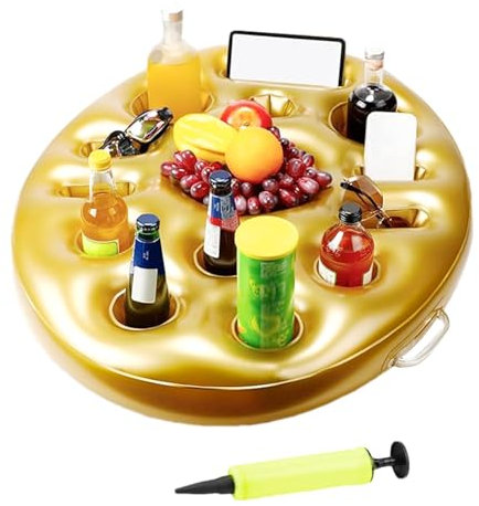 Plateau Flottant pour Piscine, Porte-Boissons Gonflable,Porte-gobelet Flottant à 9 Trous - Plateau Flottant doré avec Pompe, flotteurs de Boissons Portables pour téléphones Portables, Boissons