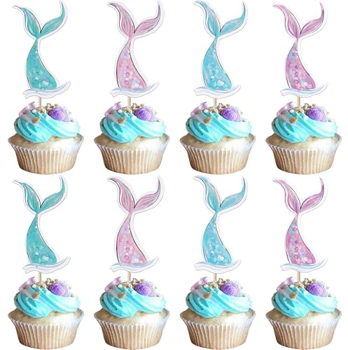 40 Pack Mermaid Cupcake Toppers Under the Sea Mermaid Tail Cupcake Picks for Summer Ocean Sea Animal Theme Baby Shower Kids Birthday Party Cake Decorations Supplies