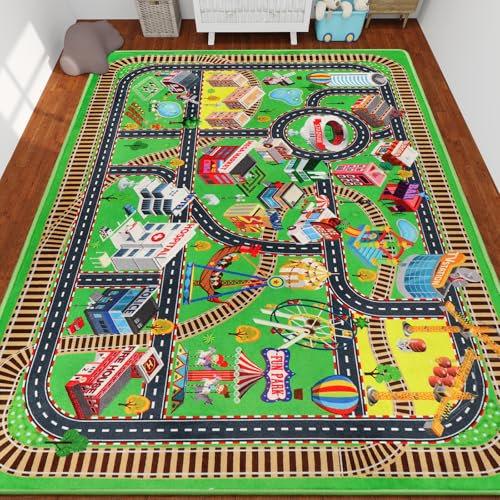 AKUNRUG Kinderteppich, Spielmatte für Spielzeugautos 200×150 cm Stadtleben, 3D-Straßenverkehr, für Spielzimmer, Kinderauto-Straßenteppich, Stadtplan, Spielmatte für Kleinkinder, Familienspielzeit