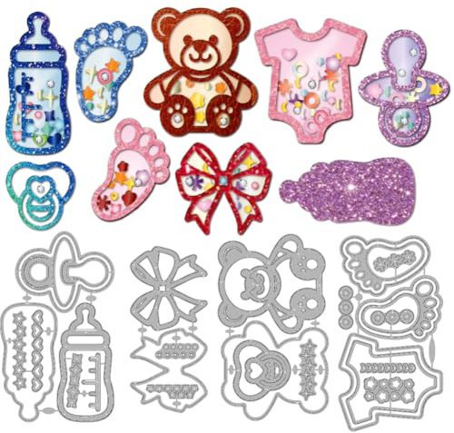MAYJOYDIY Niedliche Bären Stanzformen Neugeborenen Fußabdrücke Metall Stanzformen Schnuller Strampler Präge Stanzschablone Für Scrapbooking Bastelpapier Geburtstagskarten Geschenkdekoration