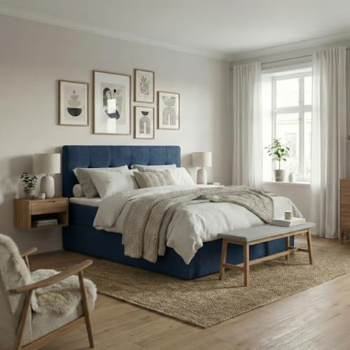 Imebel Boxspringbett Holly 180x200 cm mit Bonnell-Matratze H3 und 3 cm Topper – 2 Bettkästen – Samt Velours Polsterbett mit gestepptem Kopfteil – Doppelbett mit Stauraum