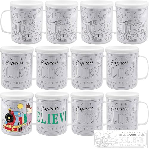 OGMBI 12 Pack Colour Your Own Plastic Mugs for Kids, 8oz Reusable DIY Craft Cups with 36 Insert Papers, Personalised Drawing Mug Kit for Birthday Parties, School, Holiday Gifts