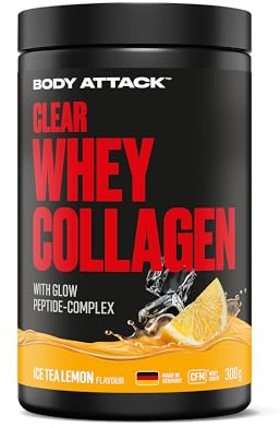 Body Attack Clear Whey Collagen 300 g - Ice Tea Lemon - Mit Glow Collagen Komplex für Muskeln, Haut & Knochen - Collagen Pulver auf Basis von CFM Whey Protein, mit Hyaluronsäure, Kupfer & Vitamin C