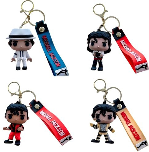 Keyhvao Vier Arten von Michael Jackson Schlüsselanhängern – Michael Anime Schlüsselring Rucksackdekoration Jackson Schlüsselring PVC Material Geschenke für Fans und Freunde (4 Stück)
