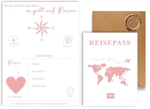 FloraVigo Reisegutschein – Reisepass mit Rubbelaufkleber, wird mit Rubbelaufkleber in Herzform, Umschlag, Wachssiegel, Reisegeschenk/Flugticketgeschenk/Geschenk geliefert (weißes Roségold)